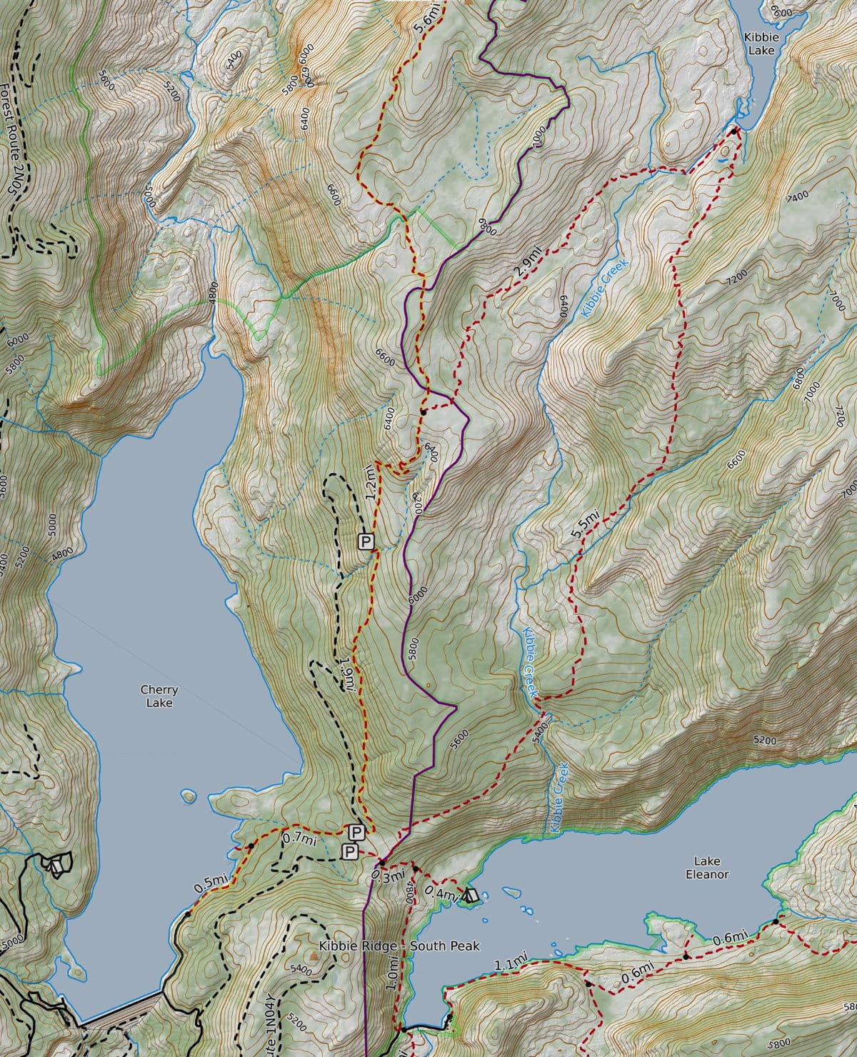 Detail topo map of Cherry Lake and the trailhead approach