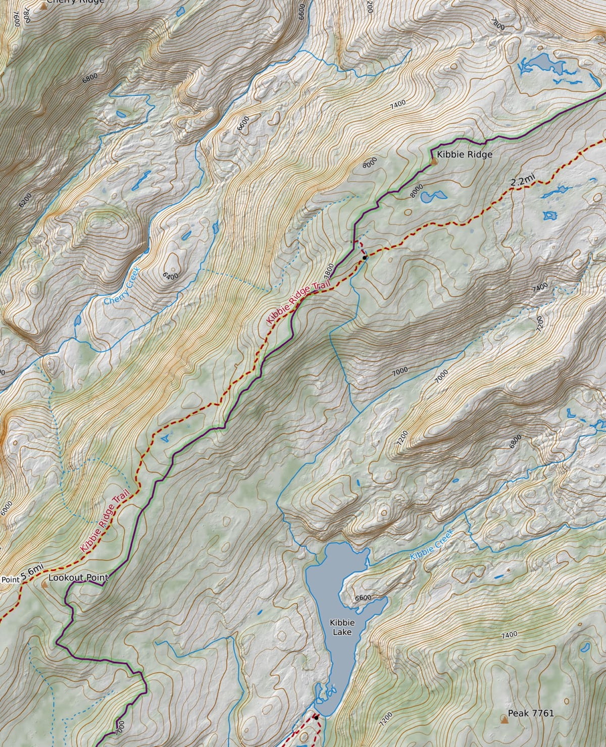 Detail topo map of the Kibbie Ridge climb past Kibbie Lake