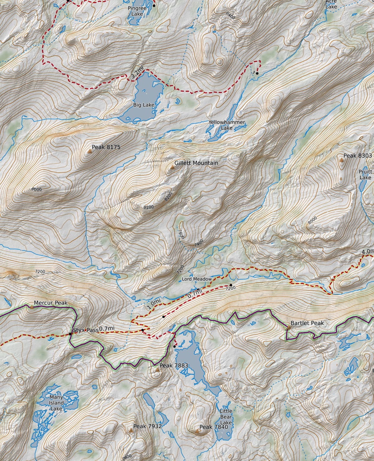 Detail topo map of Camp Meadow and the high country