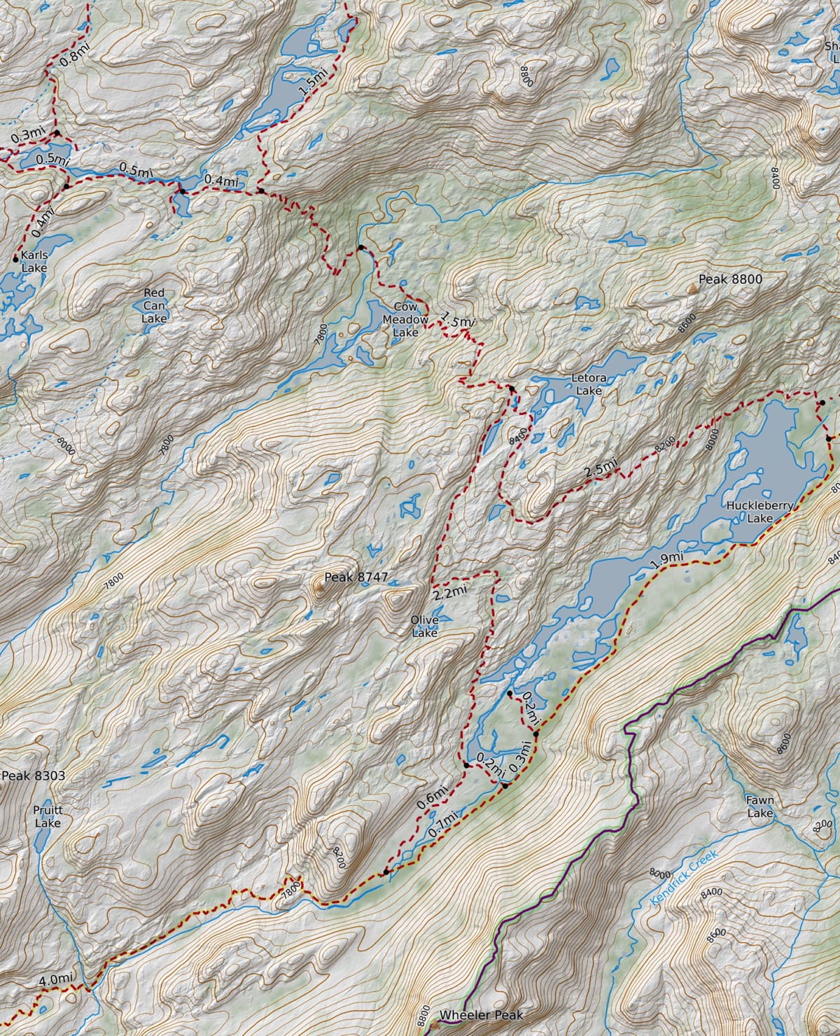 Detail topo map of the high-lakes traverse over the divide