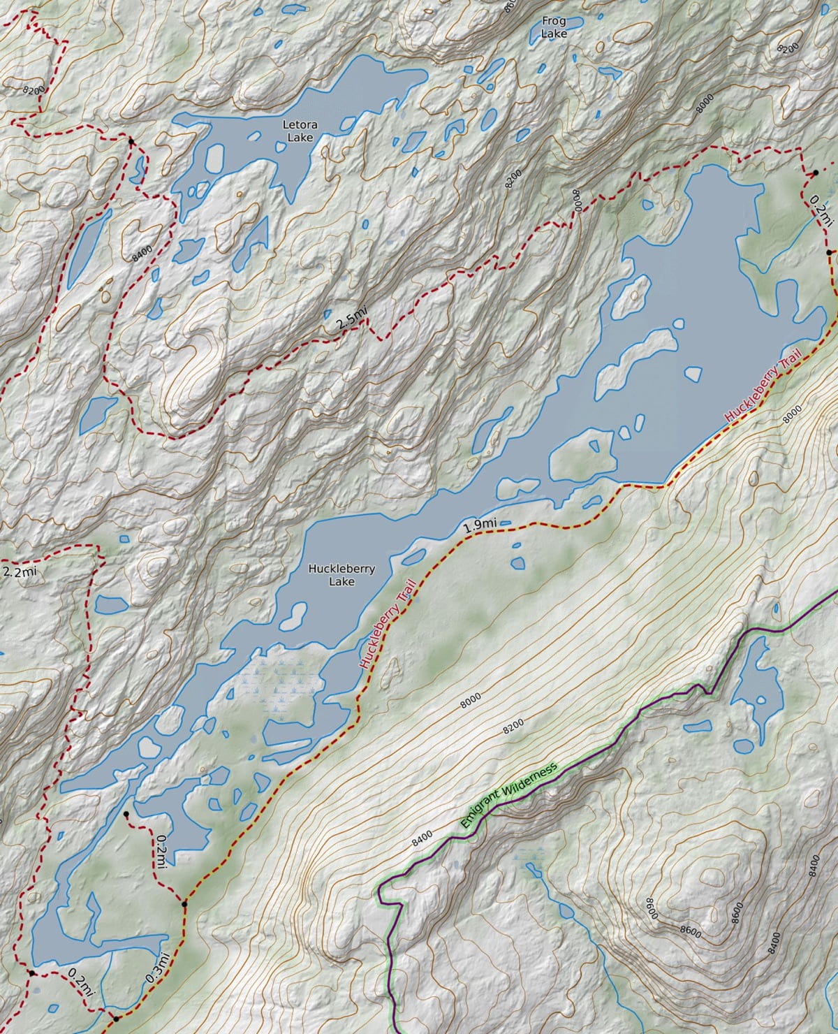 Detail topo map of Huckleberry Lake, the turnaround