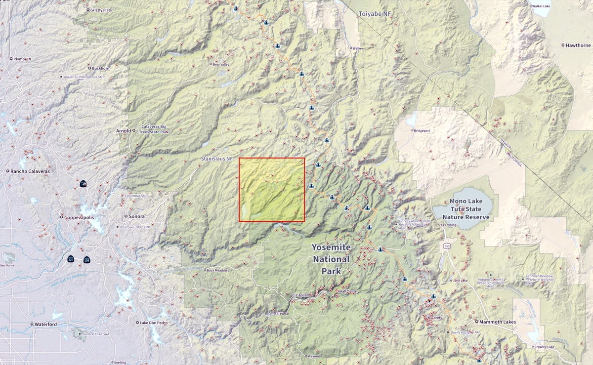 Regional locator map of the southern Emigrant Wilderness with the trip area boxed