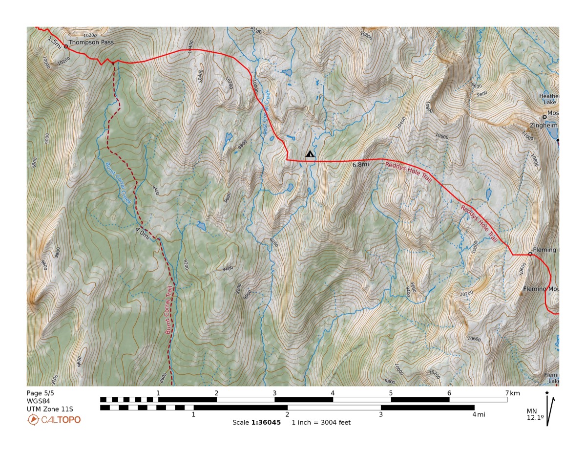 Detail topo map of Red Rock Basin and the return leg to Florence Lake