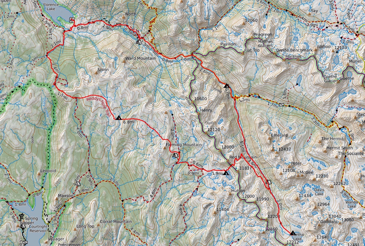 Route overview showing the full Florence-Martha loop on a topographic basemap
