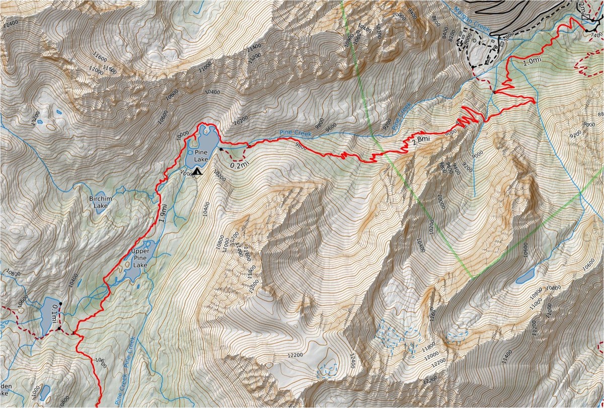 Detail topo map of Pine Creek TH climbing to Pine Lake and Upper Pine Lake
