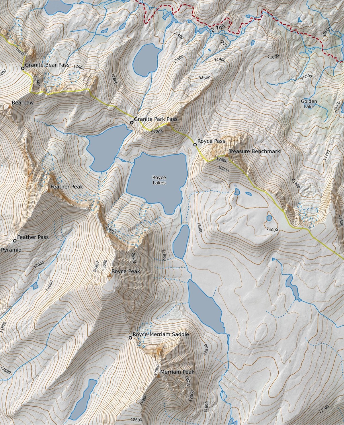 Detail topo map of Royce Lakes, Granite Park Pass, and the high divide west of Pine Creek Pass