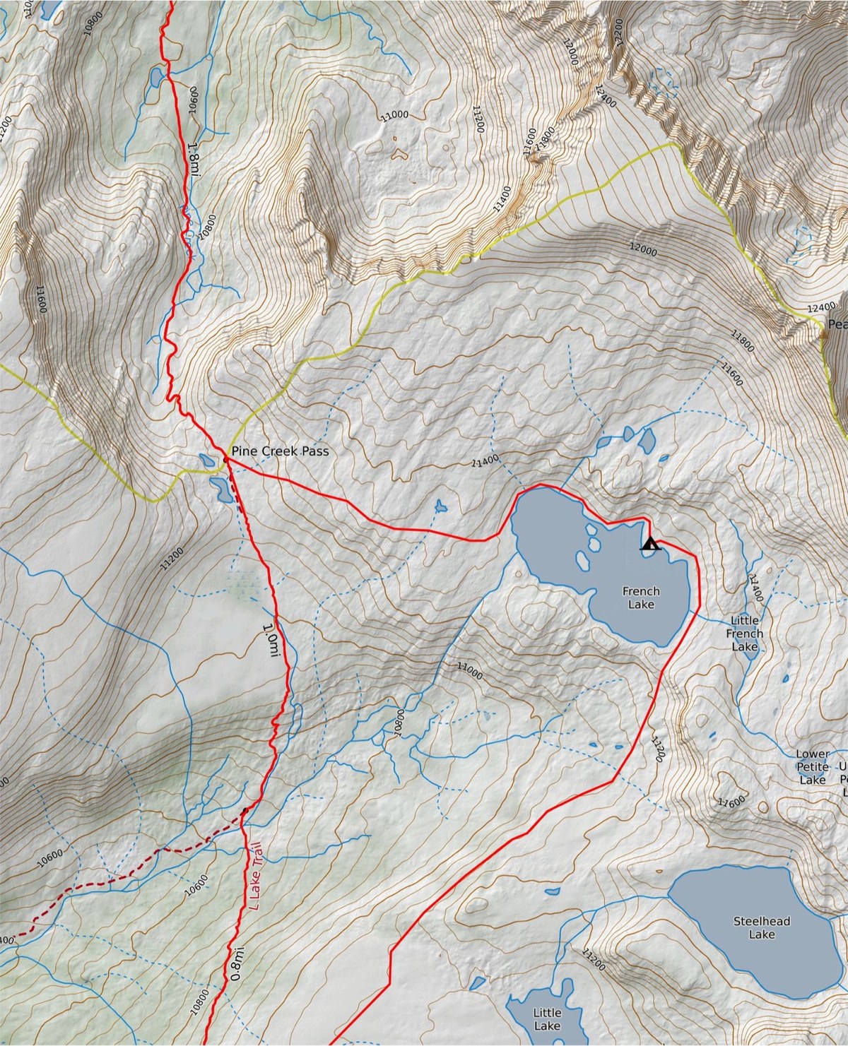 Detail topo map of Pine Creek Pass, the cross-country link, and French Lake
