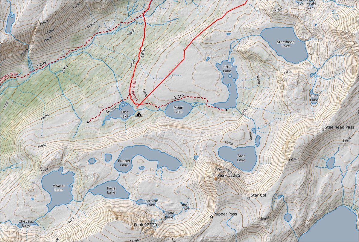Detail topo map of the French Canyon fishing basin, including Elba, Moon, Star, Puppet, Paris, and Alsace Lakes