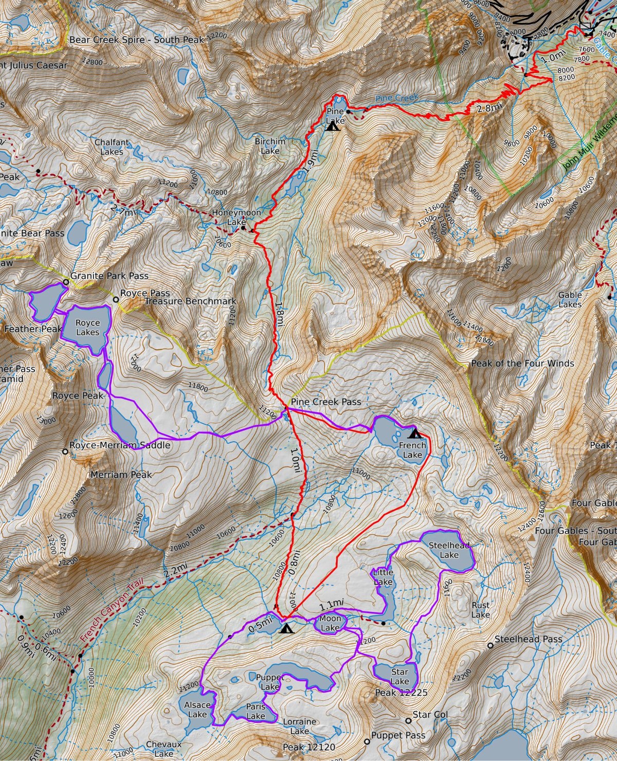 Topographic route overview of the Pine Creek to French Canyon out-and-back, with day-hike spurs to Steelhead, Star, Alsace, Paris, and Royce Lakes