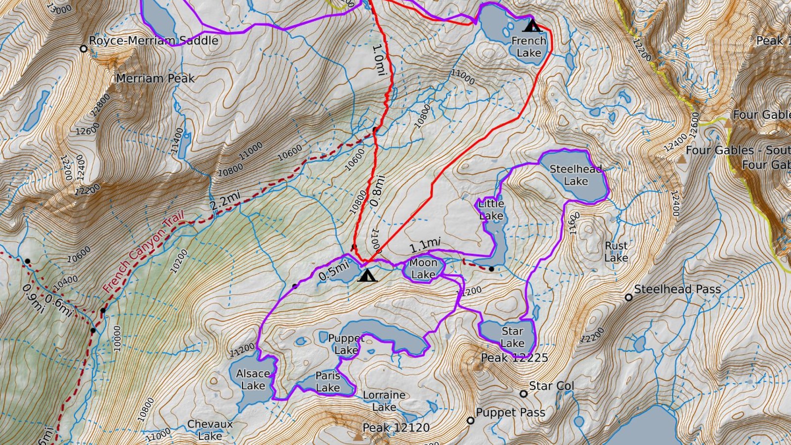 Topographic overview of the Pine Creek to French Canyon out-and-back